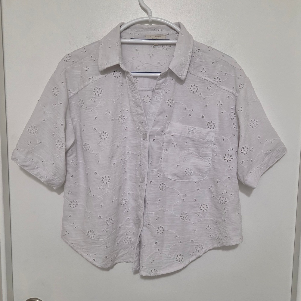 No Comment Linen Love White Eyelet Floral Button Down Shirt Large RW336126